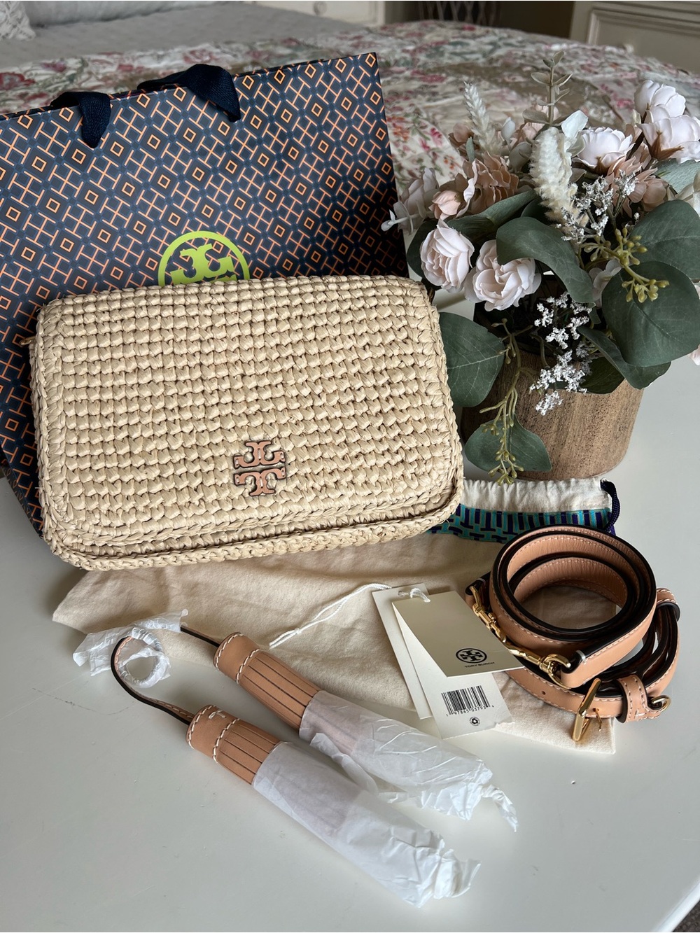 Tory Burch Thea Woven Raffia Flap Crossbody with Tan Leather Trim